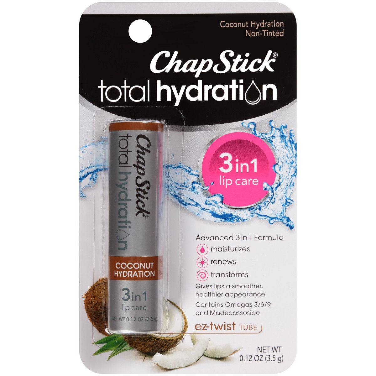 slide 1 of 1, ChapStick Total Hydration (Coconut Hydration Flavor, 0.12 Ounce) Flavored Lip Balm Tube, 3 in 1 Lip Care, Contains Omegas 3 6 9, 0.12 oz