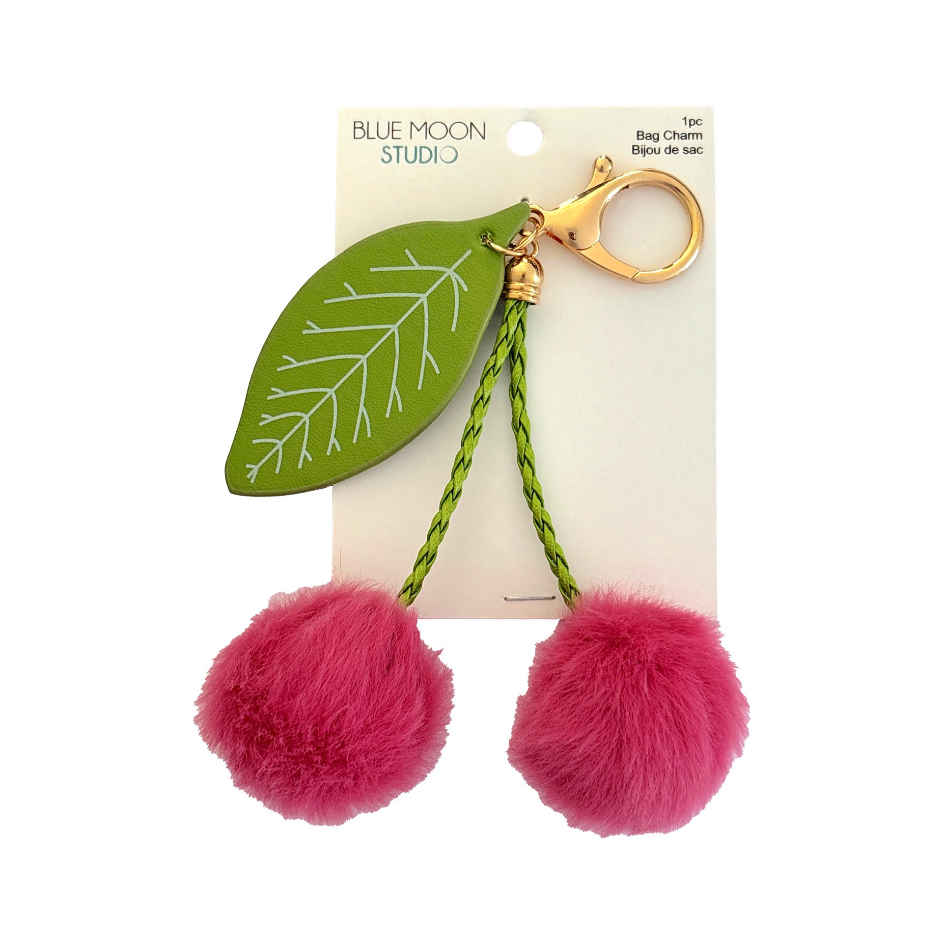 slide 3 of 3, Blue Moon Studio Fuzzy Cherry Bag Charm, 1.37 in x 0.85 in x 0.2 in