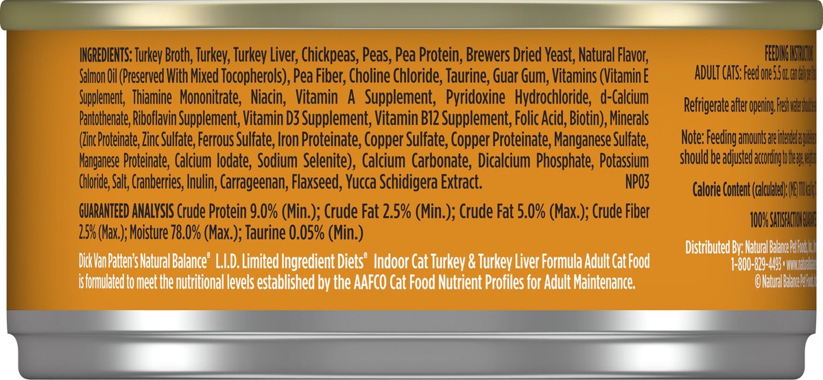 slide 6 of 10, Natural Balance L.I.D. Limited Ingredient Diets Wet Cat Food For Indoor Cats, Turkey & Turkey Liver Formula, 5.5-ounce can, 5.5 oz