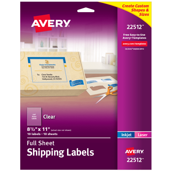 slide 1 of 6, Avery Shipping Labels, 22512, 8-1/2" X 11“, Matte Clear, 1 Label Per Sheet, Pack Of 10 Sheets, 10 ct