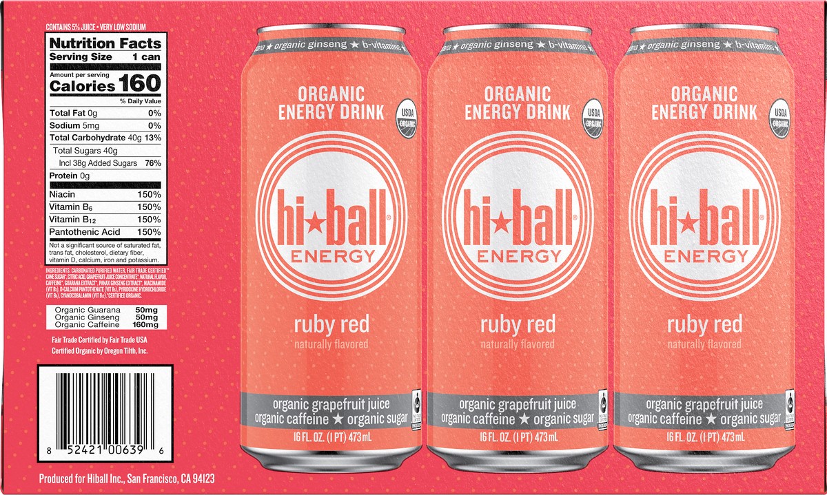 slide 8 of 10, Hiball Energy Certified Organic Energy Drink,  Ruby Red Grapefruit, 16 fl. oz. Cans (8 Pack), 8 ct