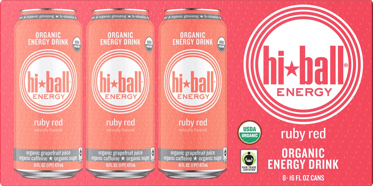 slide 9 of 10, Hiball Energy Certified Organic Energy Drink,  Ruby Red Grapefruit, 16 fl. oz. Cans (8 Pack), 8 ct