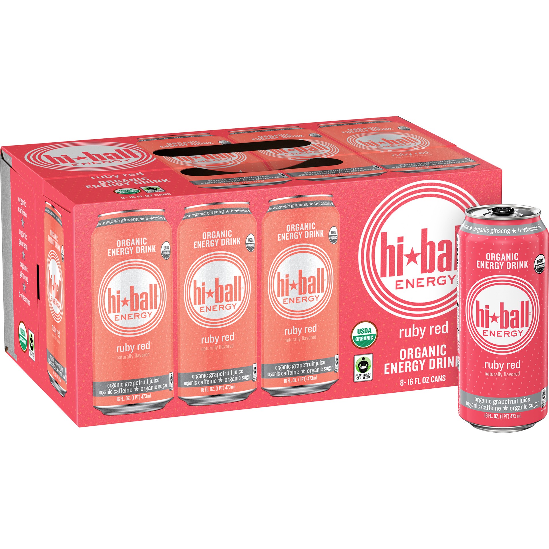 slide 1 of 10, Hiball Energy Certified Organic Energy Drink,  Ruby Red Grapefruit, 16 fl. oz. Cans (8 Pack), 8 ct