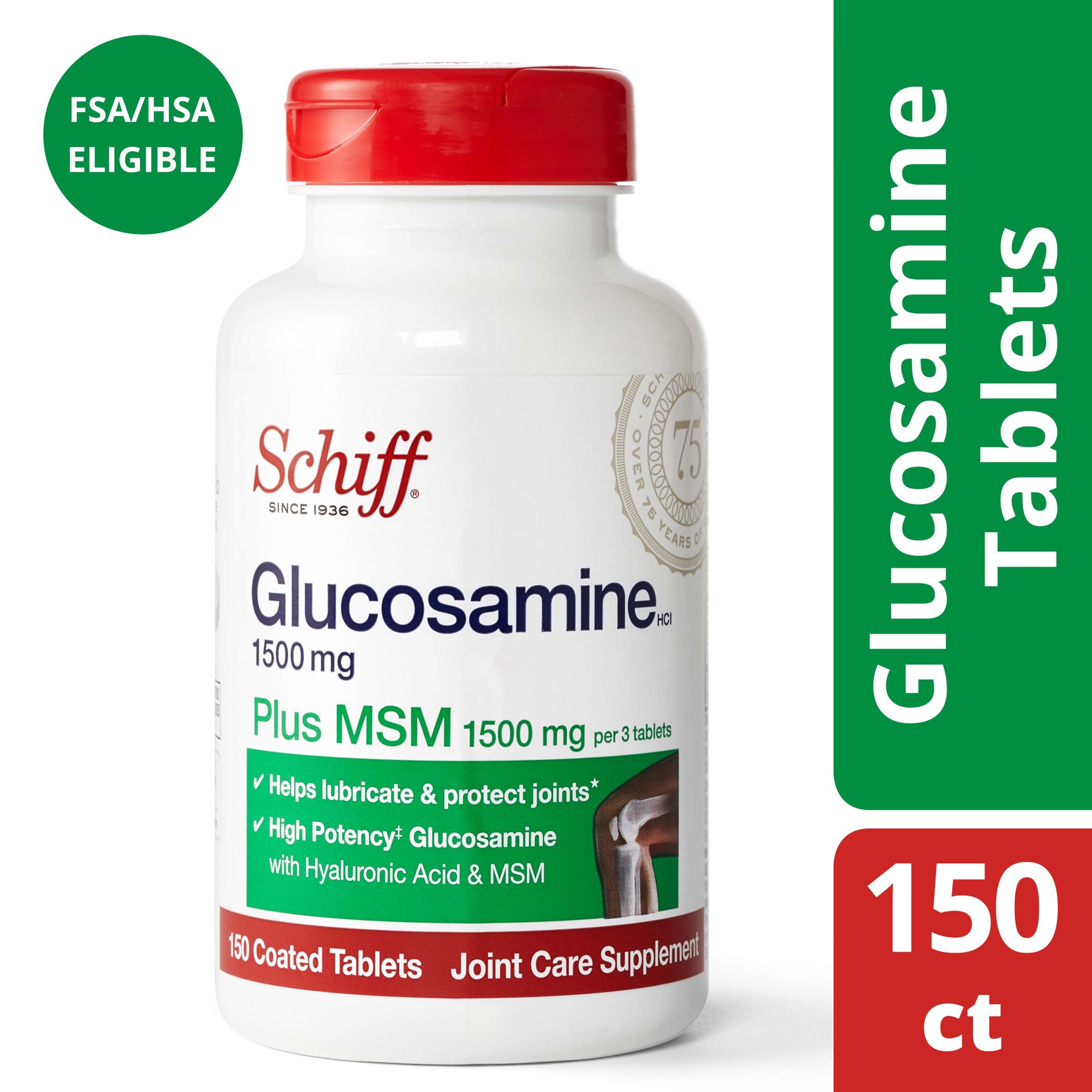 slide 1 of 3, SCHIFF SPECIALTY Schiff Glucosamine 1500mg (per serving) Plus MSM Tablets (150 count), To Help Support Joint Mobility and Flexibility With Extra Cartilage Support*, 150 ct