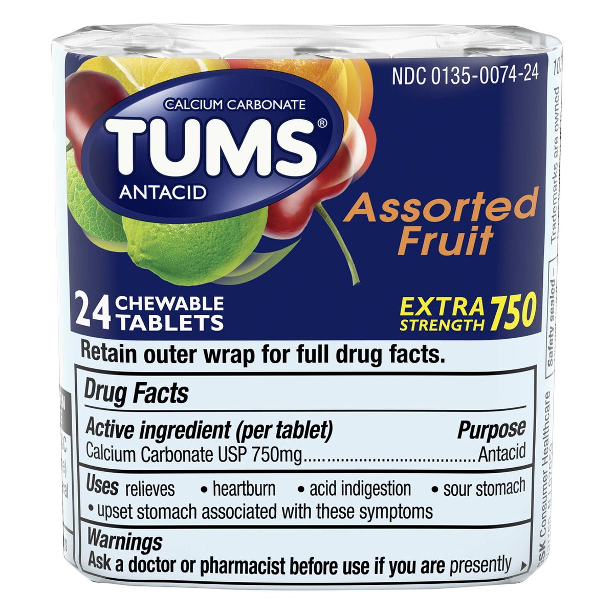 slide 1 of 1, TUMS Chewable Antacid Tablets for Extra Strength Heartburn Relief, Assorted Fruit Flavors - 8 Count Rolls (Pack of 3), 24 ct