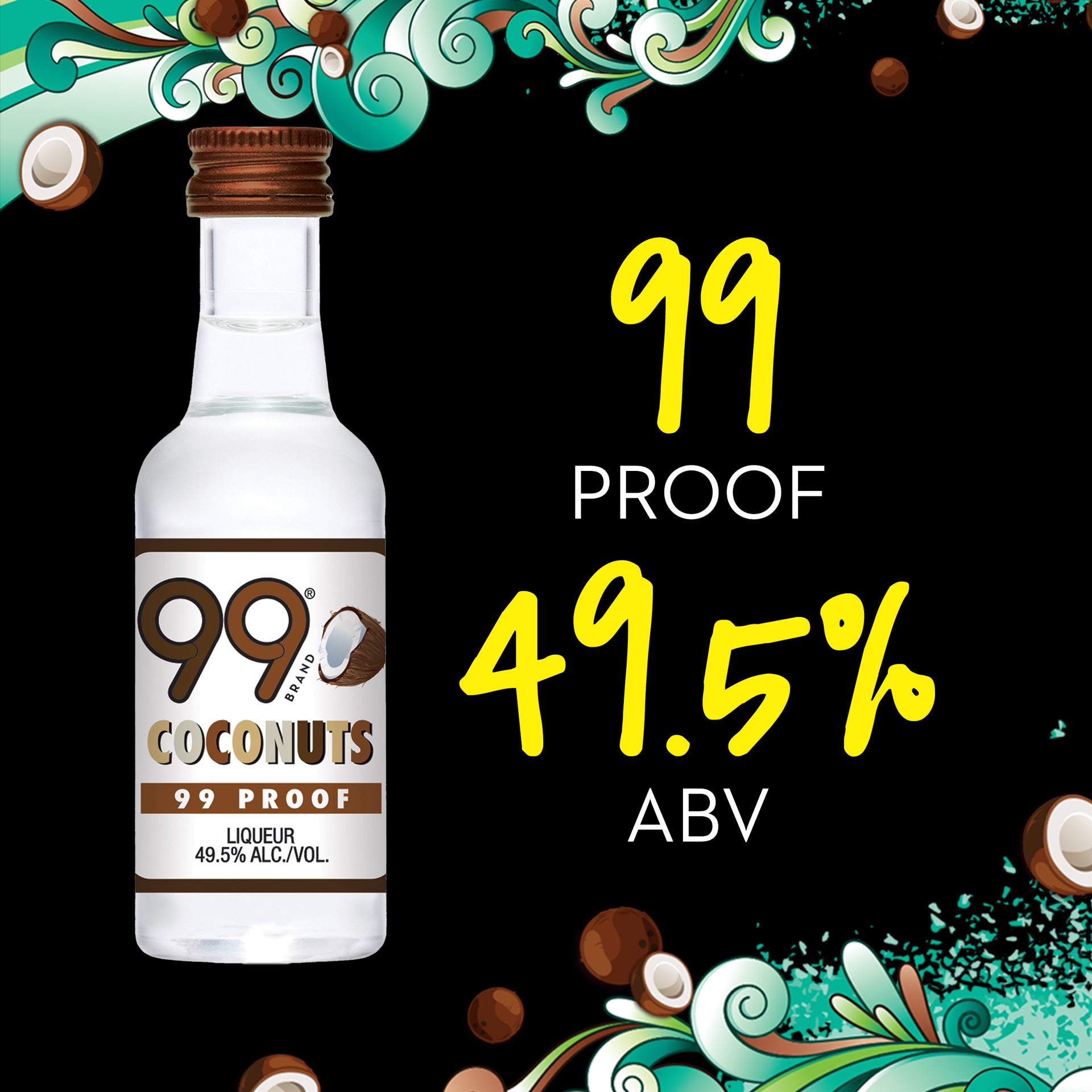 slide 2 of 5, 99 Brand Coconut Liqueur, 50 mL Bottle, 99 Proof, 