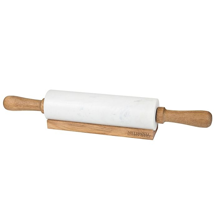 slide 1 of 3, Artisanal Kitchen Supply Marble Rolling Pin with Wooden Handles and Cradle - White, 1 ct