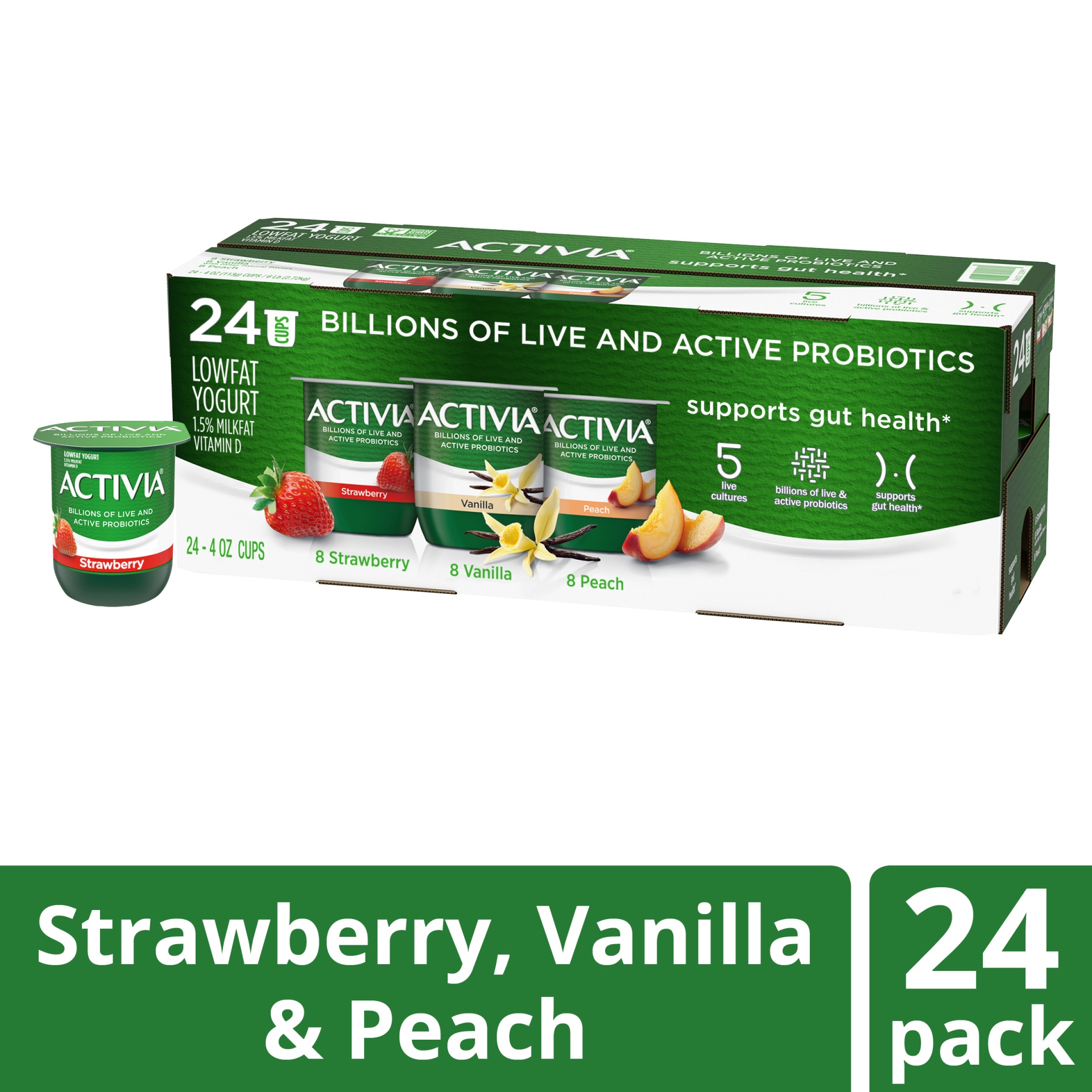 slide 1 of 2, Activia Probiotic Strawberry, Vanilla, and Peach Variety Pack Yogurt Cups, 4 oz