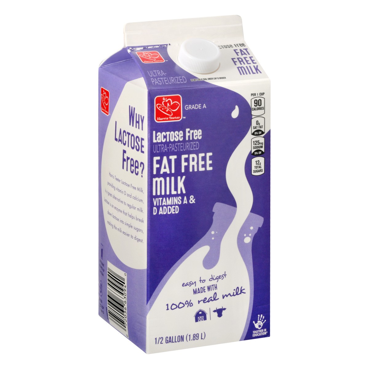 slide 2 of 9, Harris Teeter 100% Lactose Free Fat Free Milk, 1/2 gal
