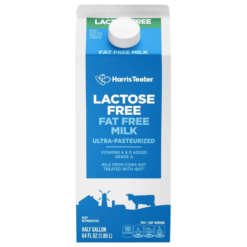 slide 1 of 9, Harris Teeter 100% Lactose Free Fat Free Milk - 1/2 gal, 1/2 gal