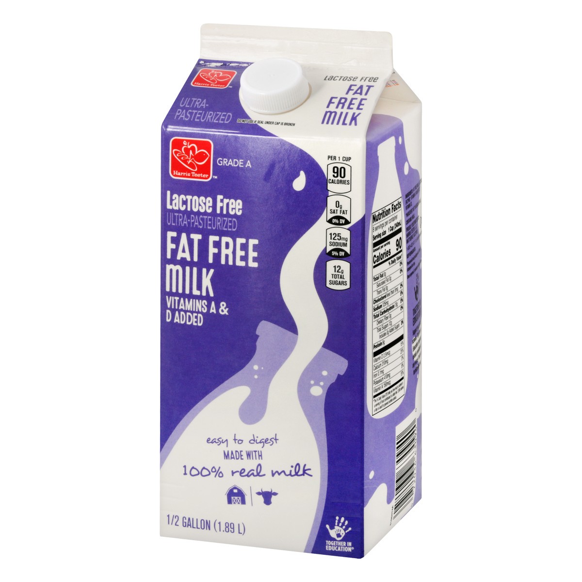 slide 3 of 9, Harris Teeter 100% Lactose Free Fat Free Milk, 1/2 gal