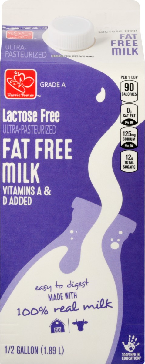 slide 1 of 9, Harris Teeter 100% Lactose Free Fat Free Milk, 1/2 gal