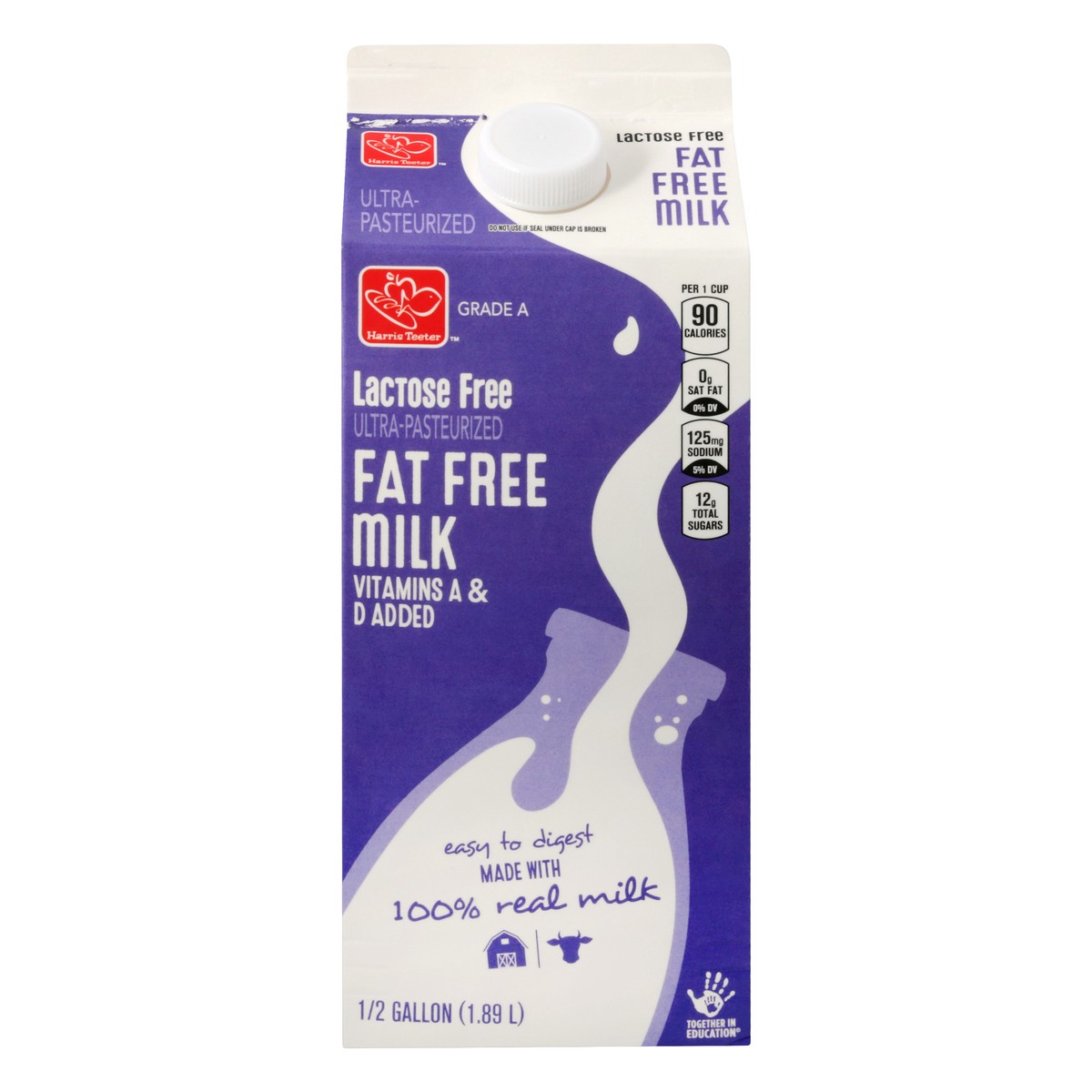 slide 1 of 9, Harris Teeter 100% Lactose Free Fat Free Milk, 1/2 gal