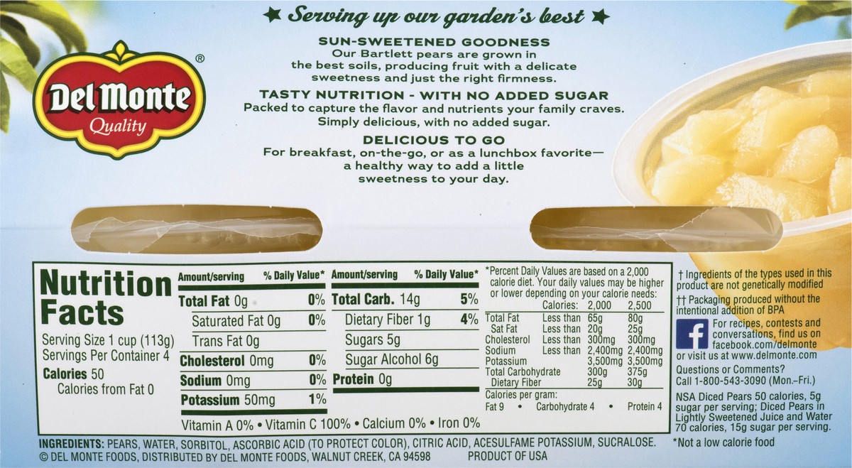 slide 7 of 12, Del Monte No Sugar Added Diced Pears 4 ea, 4 ct