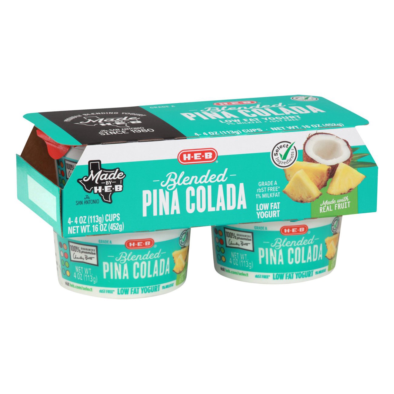 slide 1 of 1, H-E-B Lowfat Blended Pina Colada Yogurt, 4 ct