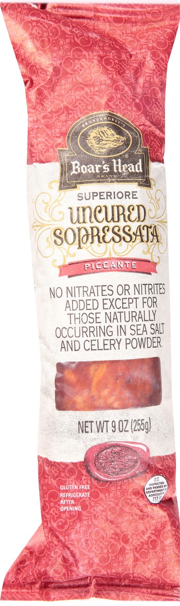 slide 1 of 9, Boar's Head Superiore Uncured Sopressata Dry Sausage Piccante, 1 ct