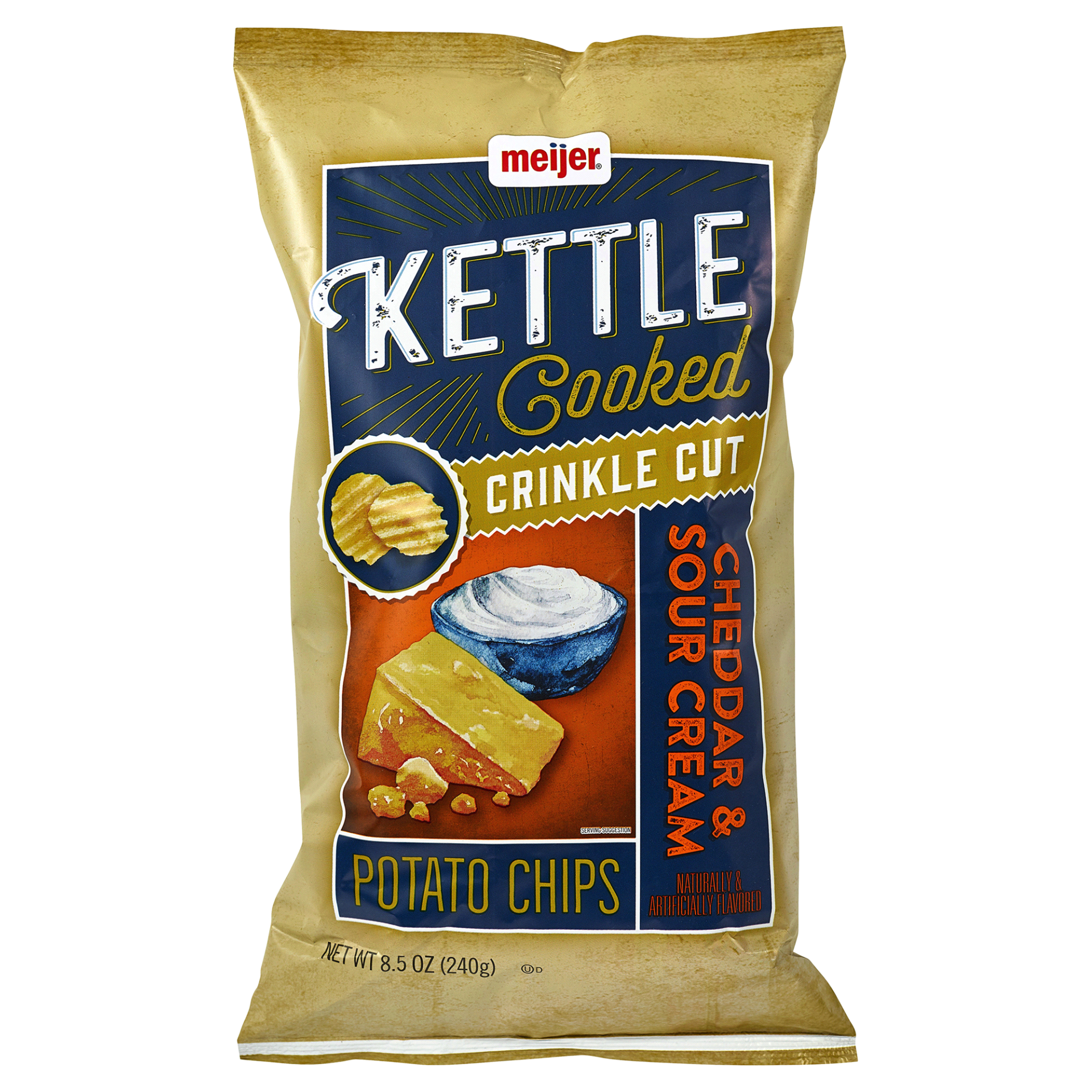 slide 1 of 2, Meijer Kettle Cooked Ripple Cut Cheddar & Sour Cream Potato Chips, 8.5 oz