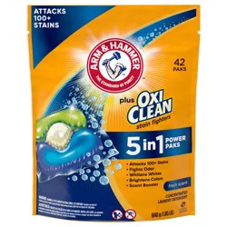 ARM & HAMMER Plus OxiClean Stain Fighters: 5-in-1 Laundry Detergent Power Paks, Laundry Stain Remover, Attacks 100 Plus Stains, Fresh Scent, 42 Count