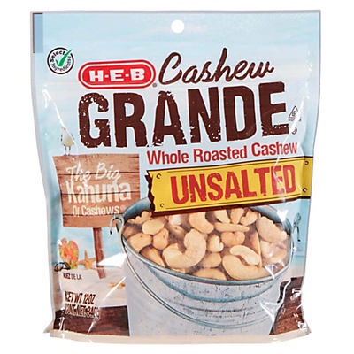 slide 1 of 1, H-E-B Cashew Grande Whole Roasted Cashew Unsalted, 12 oz