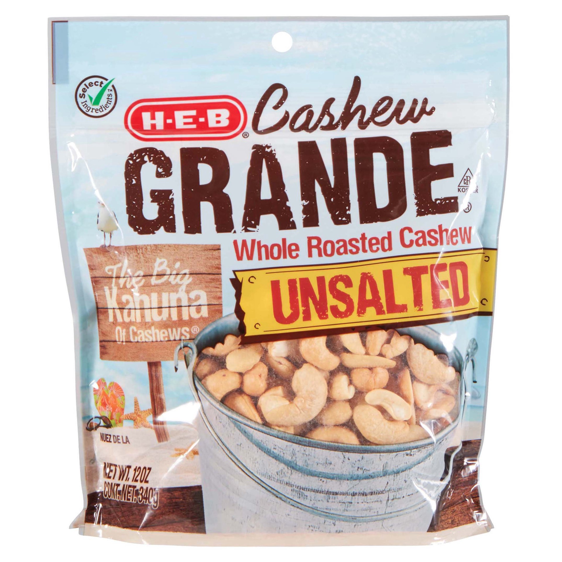 slide 1 of 1, H-E-B Cashew Grande Whole Roasted Cashew Unsalted, 12 oz