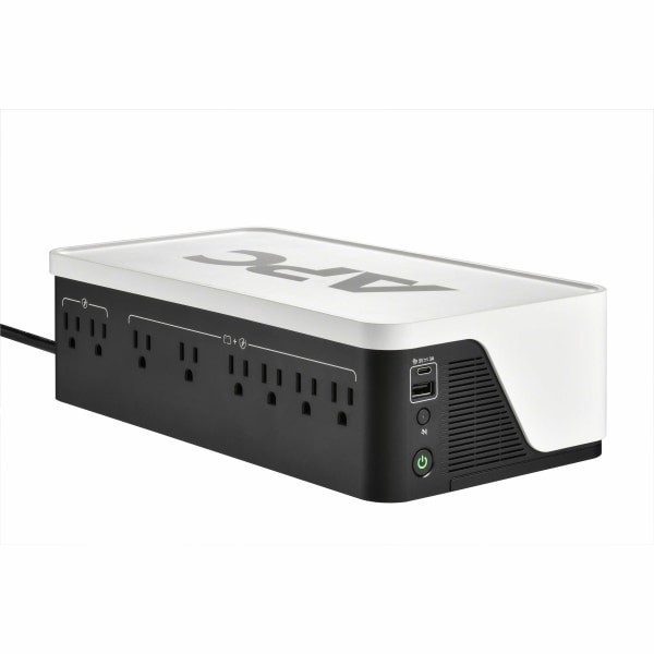 slide 1 of 3, APC Back-UPS, 900VA/540W, Floor/Wall Mount, 120V, 8x NEMA 5-15R outlets, USB Type A + C Ports - Floor/Wall Mountable - 8 Hour Recharge - 120 V Input - 120 V AC Output - Stepped Approximated Sine Wave - USB, 120 ct
