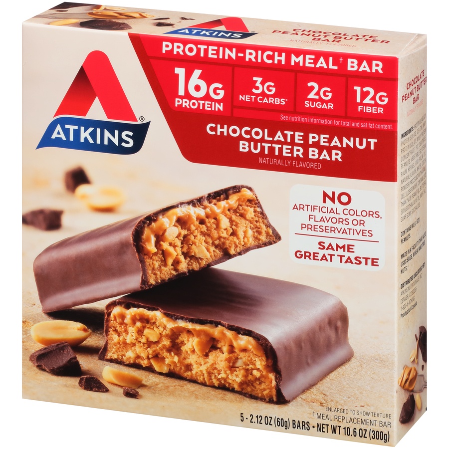 slide 3 of 8, Atkins Chocolate Peanut Butter Meal Bars, 5 ct; 2.1 oz