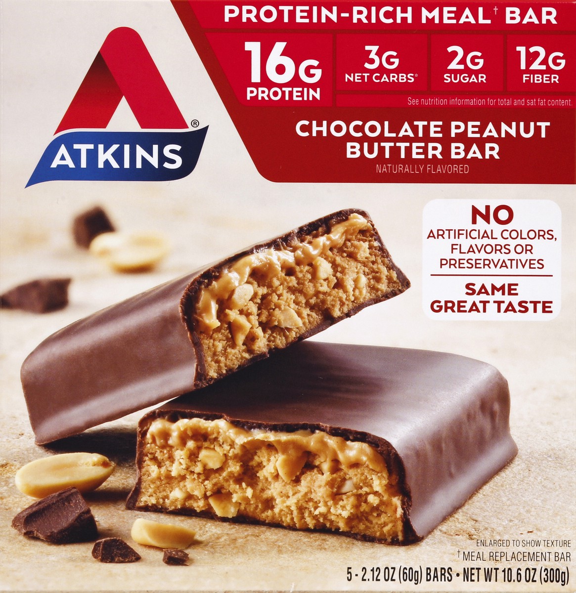 slide 6 of 9, Atkins Chocolate Peanut Butter Meal Bars, 5 ct; 2.1 oz