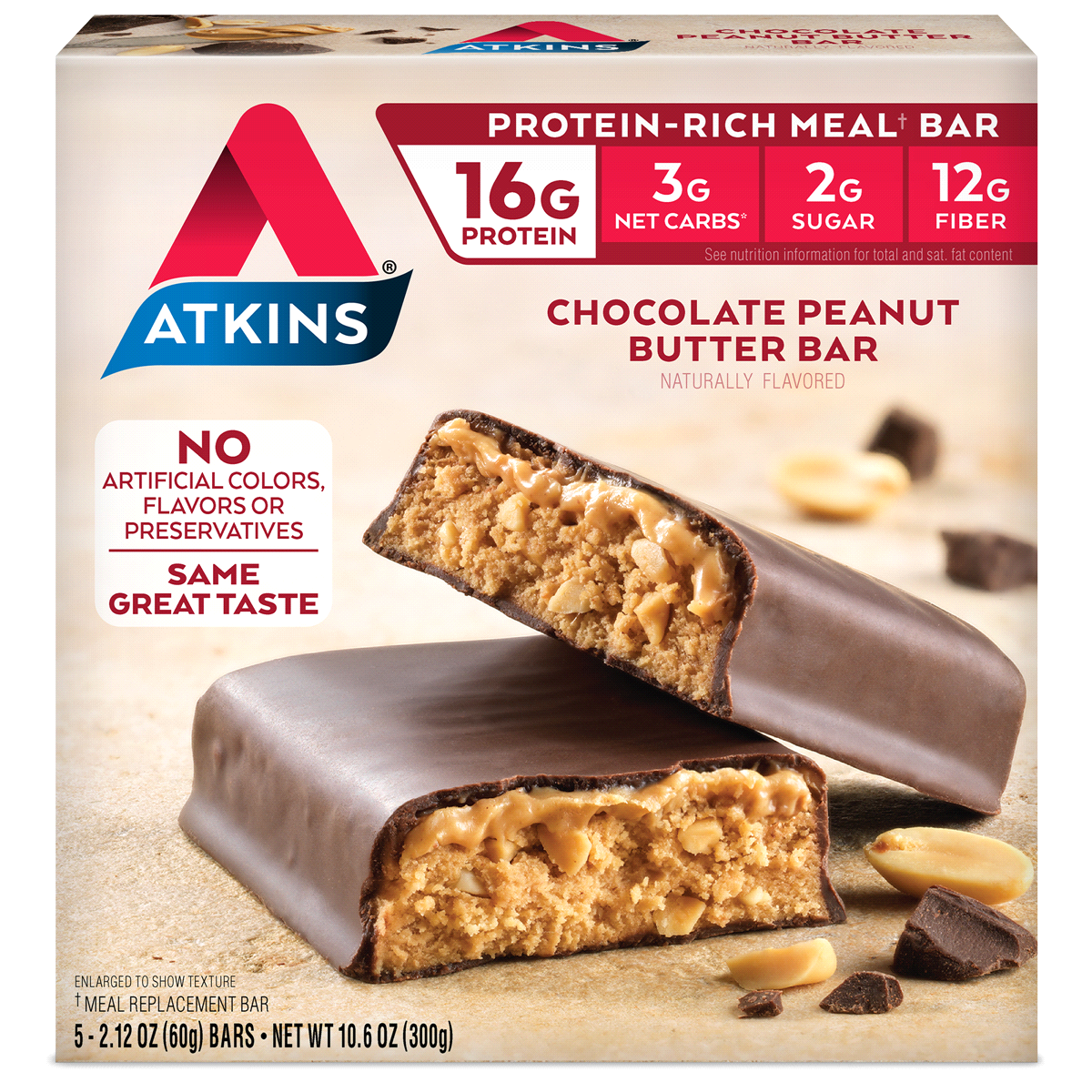 slide 1 of 8, Atkins Chocolate Peanut Butter Meal Bars, 5 ct; 2.1 oz
