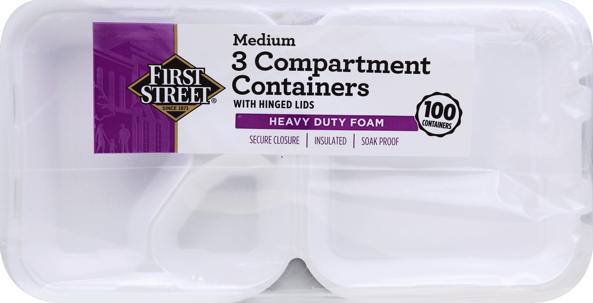 slide 2 of 6, First Street Medium 3 Compartment Foam Containers, 100 ct