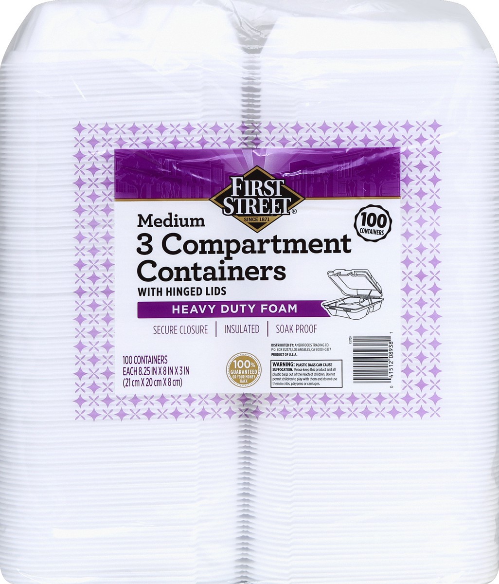 slide 5 of 6, First Street Medium 3 Compartment Foam Containers, 100 ct