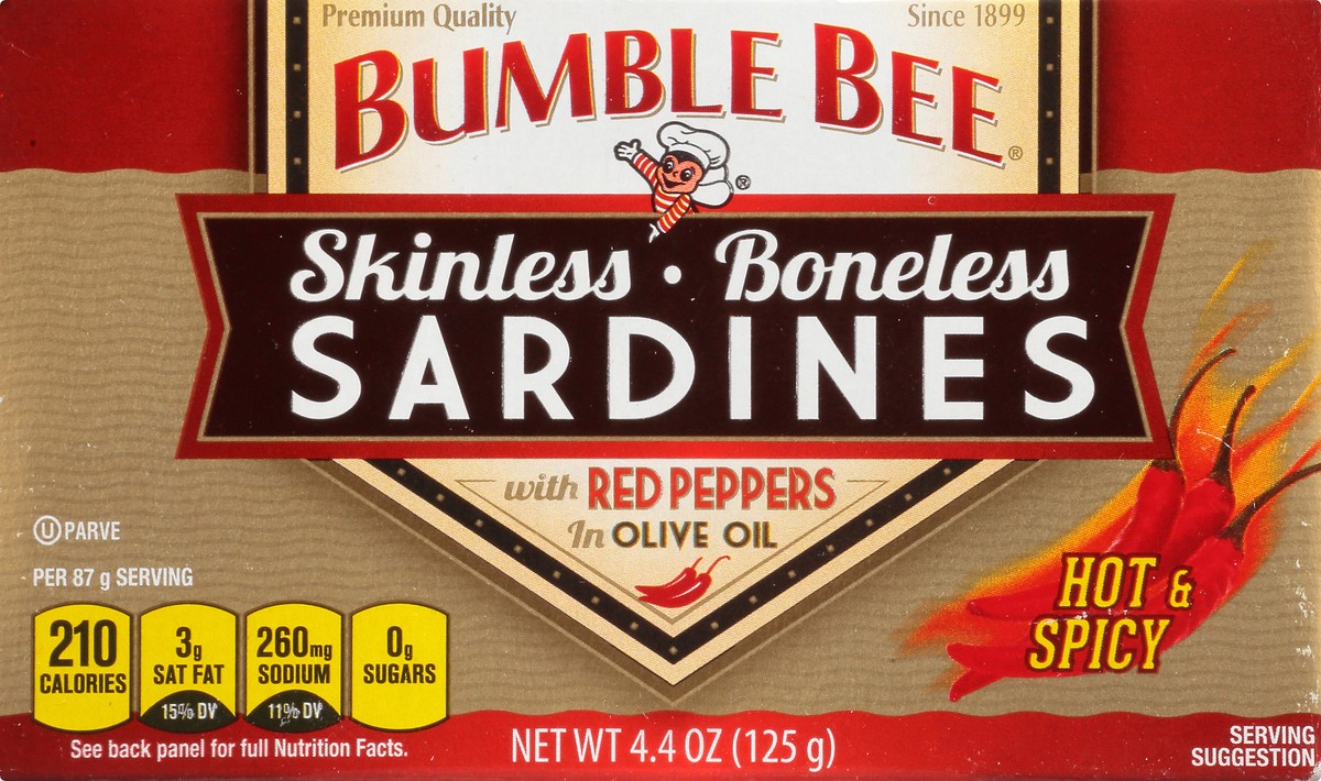 slide 1 of 14, Bumble Bee Skinless & Boneless Sardines with Red Peppers in Olive Oil 4.4 oz. Box, 4.4 oz