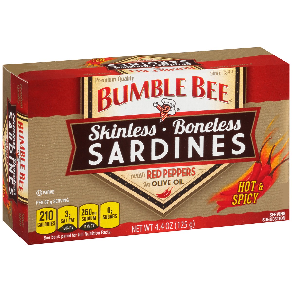 slide 7 of 14, Bumble Bee Skinless & Boneless Sardines with Red Peppers in Olive Oil 4.4 oz. Box, 4.4 oz