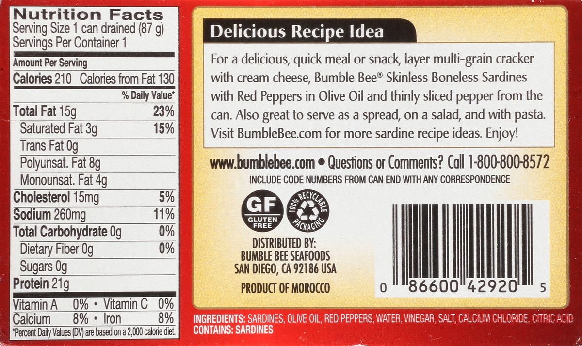 slide 11 of 14, Bumble Bee Skinless & Boneless Sardines with Red Peppers in Olive Oil 4.4 oz. Box, 4.4 oz