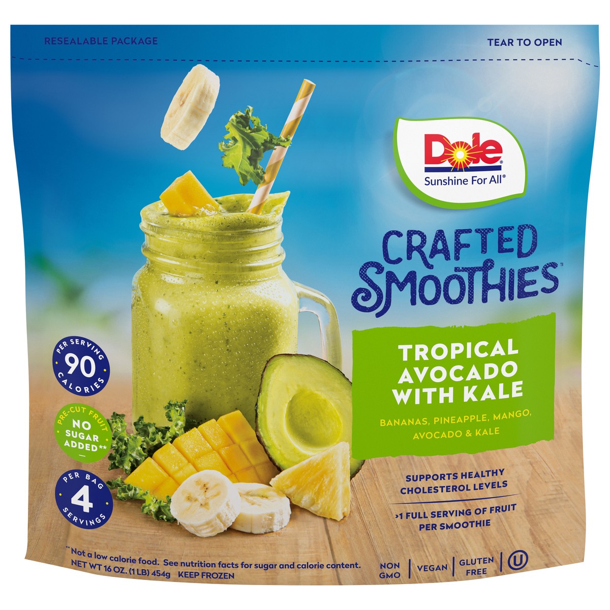 slide 1 of 8, Dole Smoothies, Crafted, Tropical Avocado with Kale, 16 oz