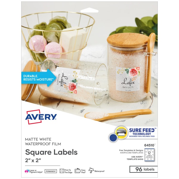 slide 1 of 9, Avery Waterproof Print-To-The-Edge Labels, 64510, 2" X 2", Glossy White, 12 Labels Per Sheet, Pack Of 8 Sheets, 8 ct