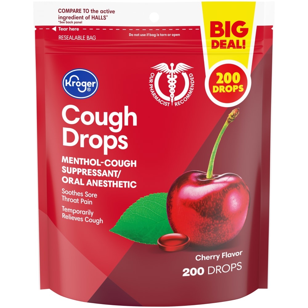 slide 1 of 1, Kroger Cherry Flavor Cough Suppressantoral Anesthetic Drops, 200 ct