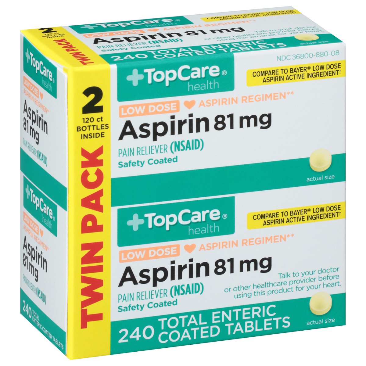 slide 4 of 9, TopCare Health 81 mg Low Dose Aspirin Twin Pack 240 Coated Tablets, 2 pk; 120 ct