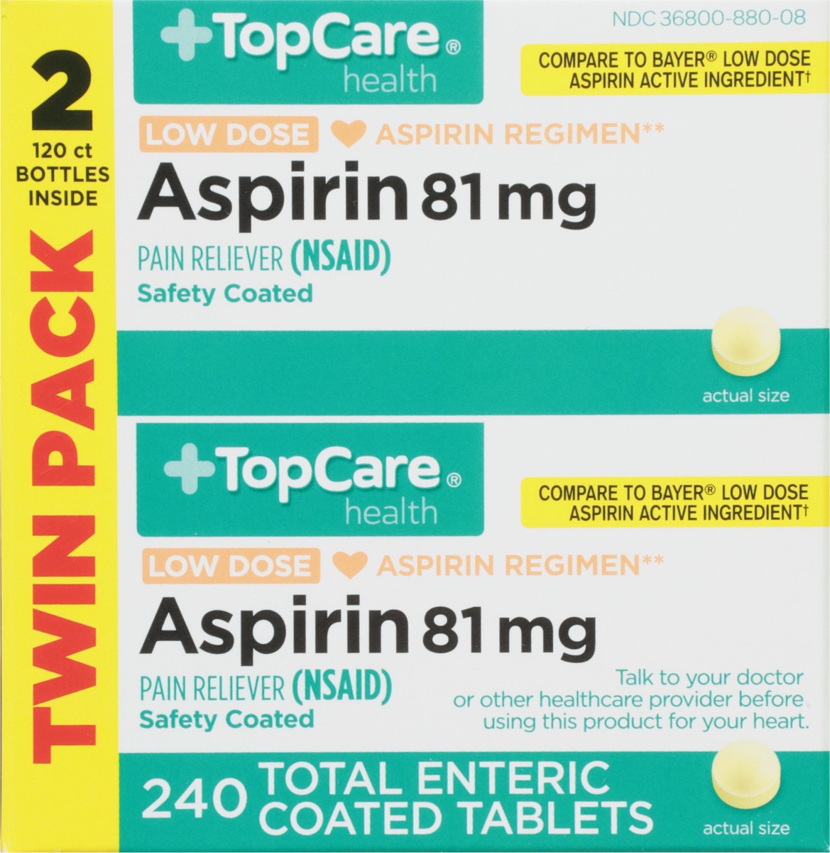 slide 6 of 9, TopCare Health 81 mg Low Dose Aspirin Twin Pack 240 Coated Tablets, 2 pk; 120 ct