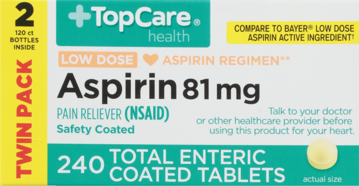 slide 3 of 9, TopCare Health 81 mg Low Dose Aspirin Twin Pack 240 Coated Tablets, 2 pk; 120 ct
