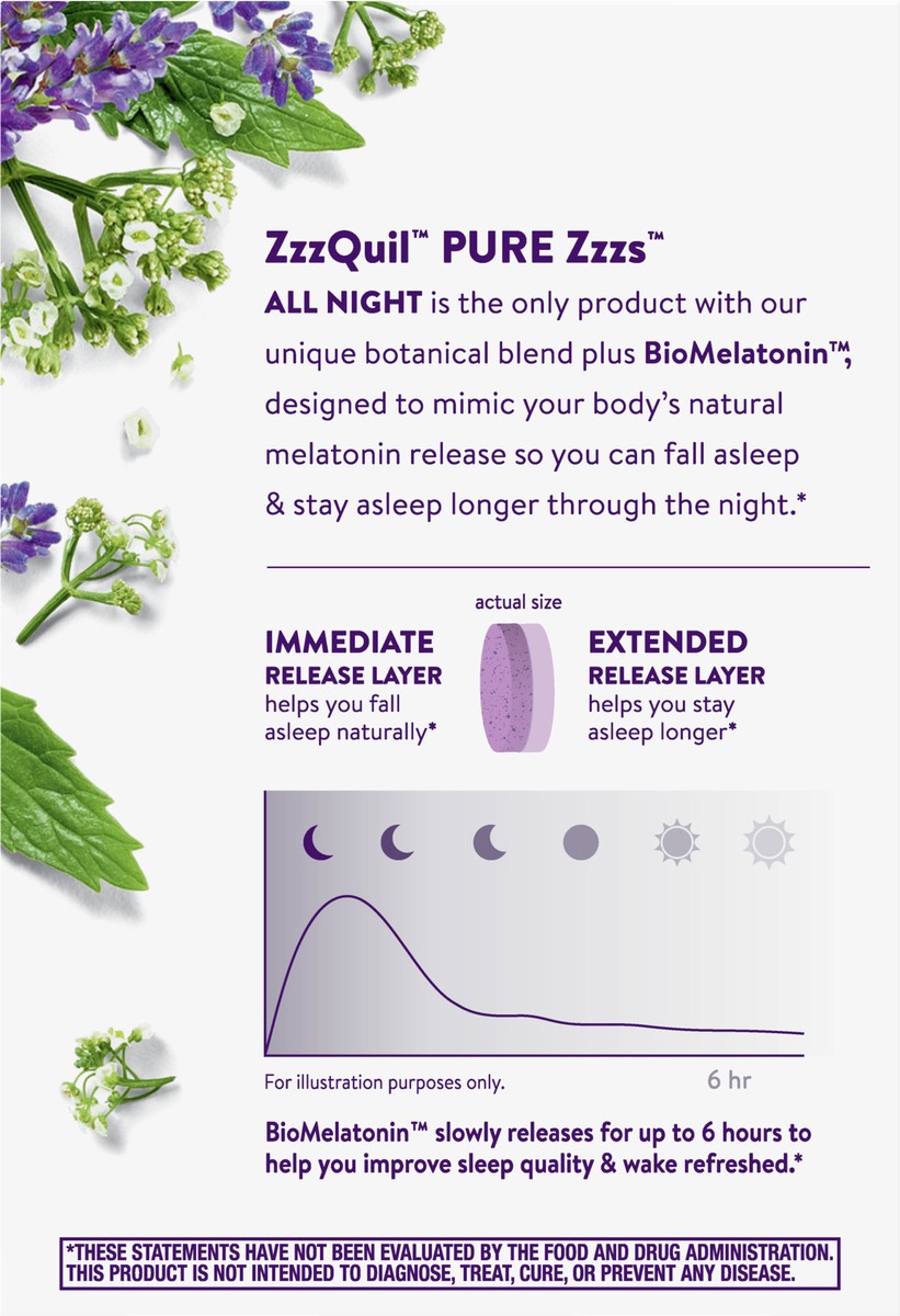 slide 2 of 3, Vicks ZzzQuil PURE Zzzs All Night Extended Release, Melatonin Sleep Aid Tablets, Helps You Stay Asleep Longer, Sleep Aid for Adults, 2 mg per tablet, 21 Count, 21 ct