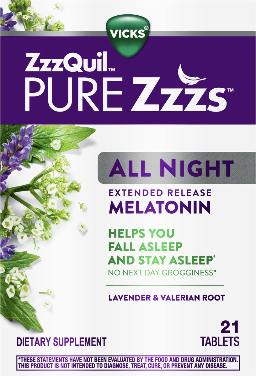 slide 3 of 3, Vicks ZzzQuil PURE Zzzs All Night Extended Release, Melatonin Sleep Aid Tablets, Helps You Stay Asleep Longer, Sleep Aid for Adults, 2 mg per tablet, 21 Count, 21 ct