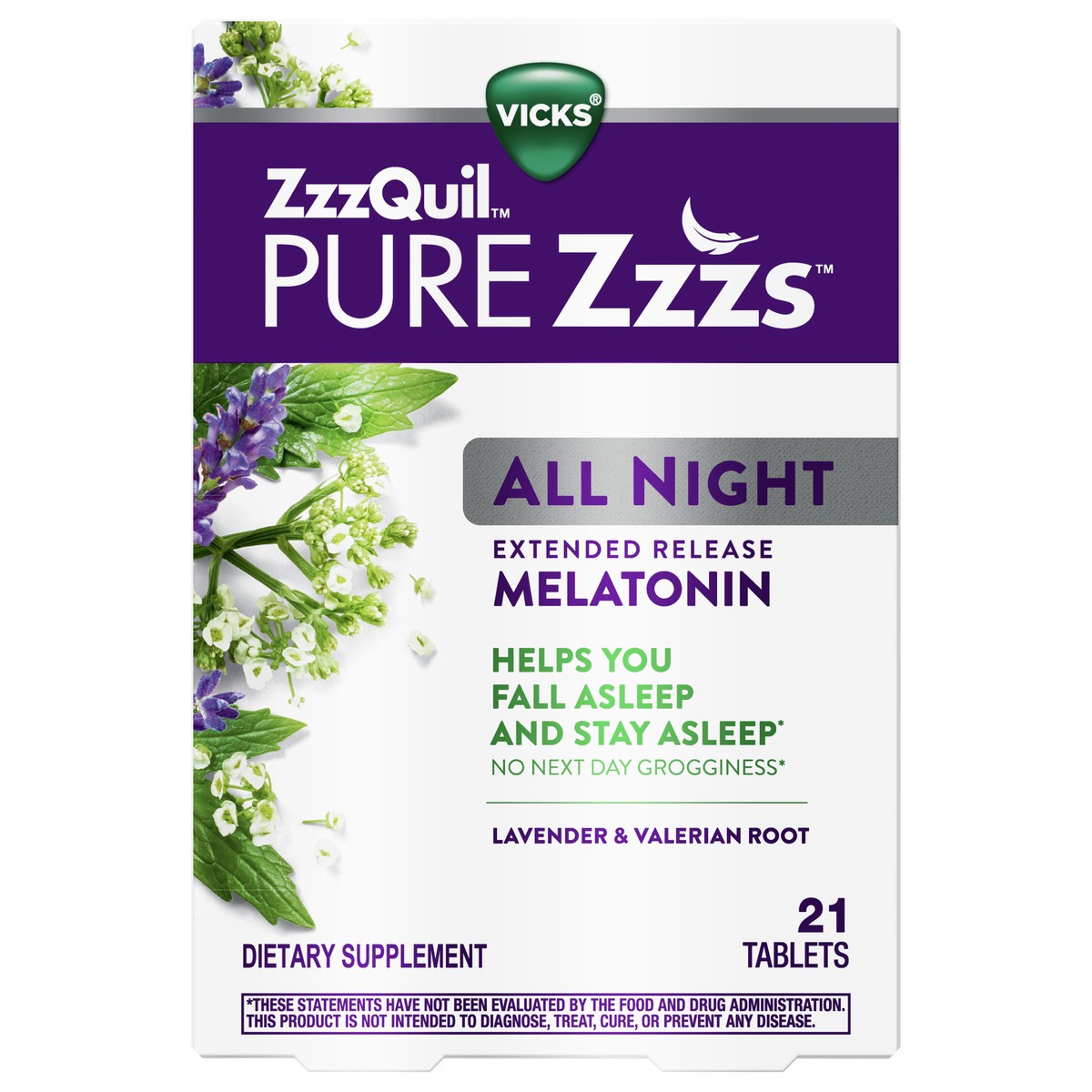 slide 1 of 3, Vicks ZzzQuil PURE Zzzs All Night Extended Release, Melatonin Sleep Aid Tablets, Helps You Stay Asleep Longer, Sleep Aid for Adults, 2 mg per tablet, 21 Count, 21 ct