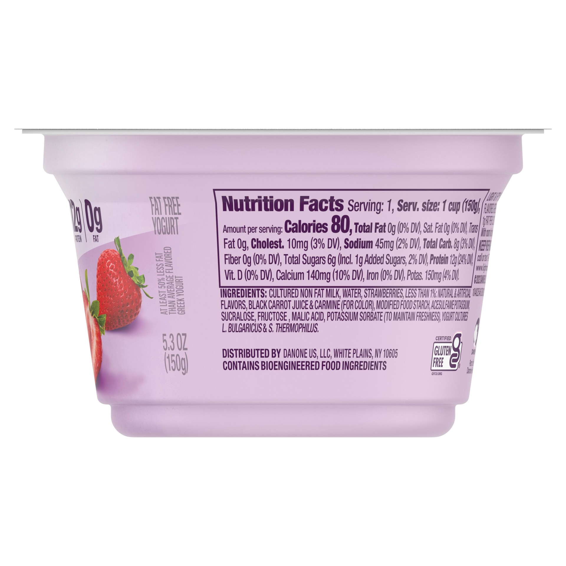 slide 3 of 5, Light + Fit Dannon Light + Fit Strawberry Greek Nonfat Yogurt, Creamy and Delicious Gluten Free Yogurt, 5.3 OZ Yogurt Cup, 5.3 oz