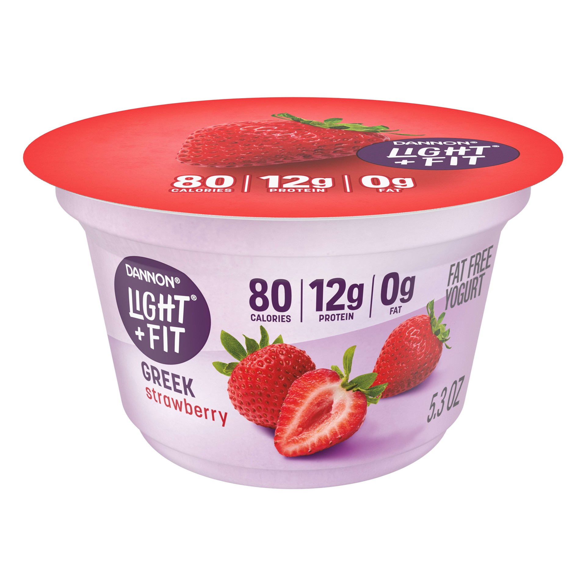 slide 1 of 5, Light + Fit Dannon Light + Fit Strawberry Greek Nonfat Yogurt, Creamy and Delicious Gluten Free Yogurt, 5.3 OZ Yogurt Cup, 5.3 oz