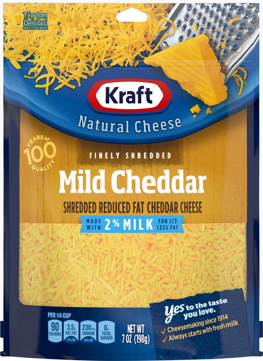 slide 9 of 13, Kraft Mild Cheddar Finely Shredded Cheese with 2% Milk, 7 oz Bag, 7 oz