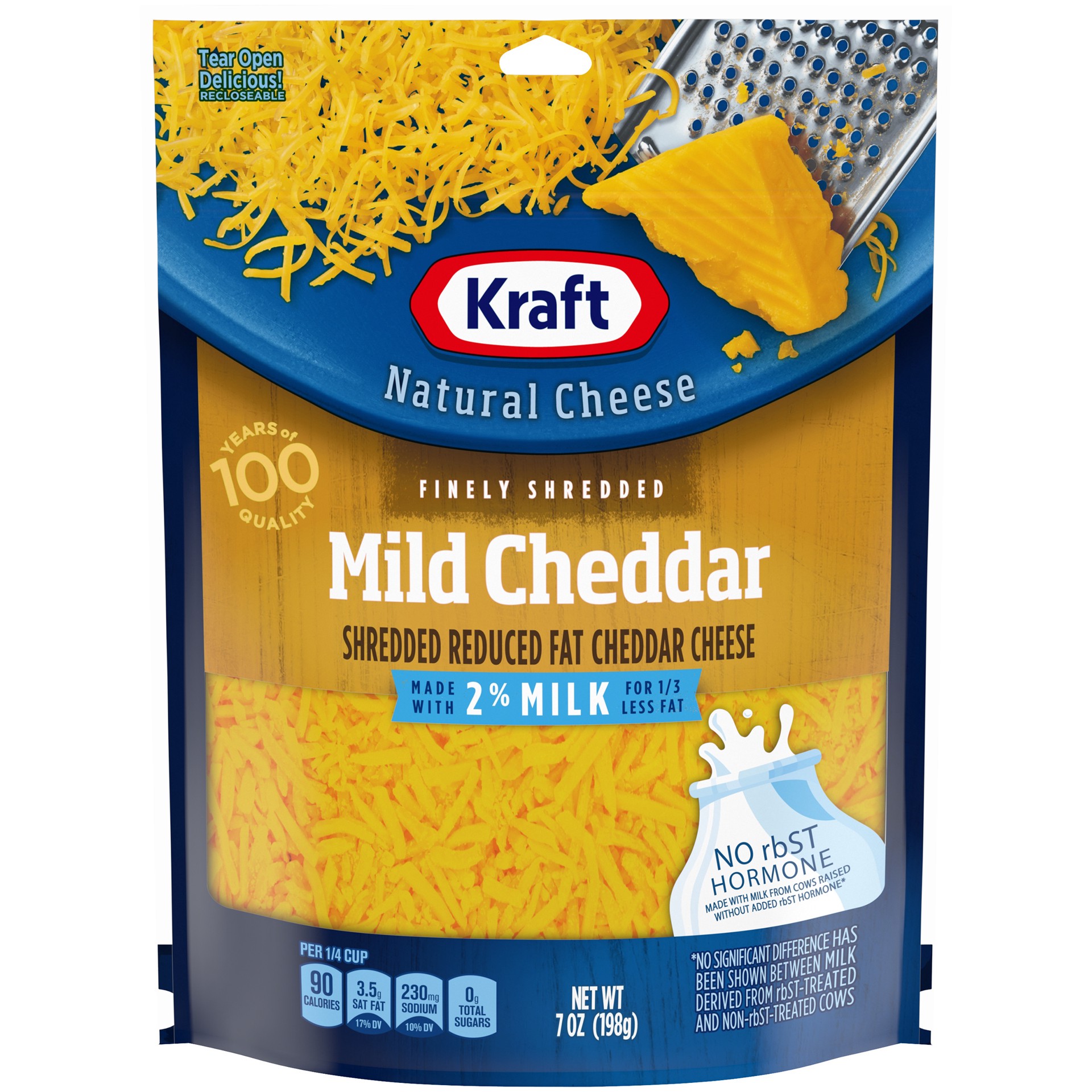 slide 1 of 13, Kraft Mild Cheddar Finely Shredded Cheese with 2% Milk, 7 oz Bag, 7 oz