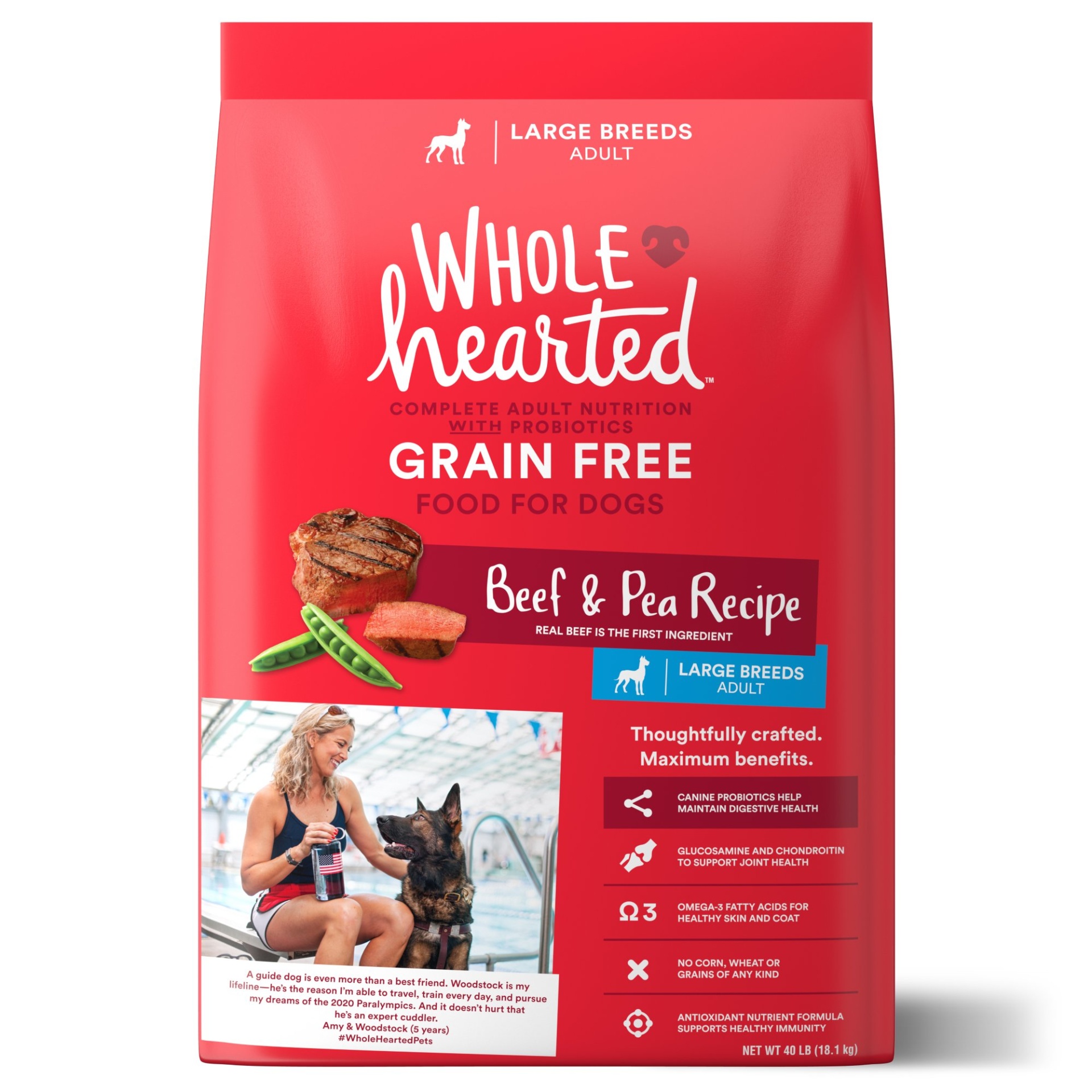 slide 1 of 1, WholeHearted Grain Free Large Breed Beef and Pea Recipe Adult Dry Dog Food, 40 lb