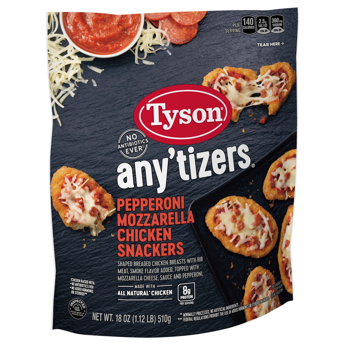 slide 6 of 9, TYSON ANYTIZERS Tyson Any'tizers Pepperoni Mozzarella Chicken Snackers, 18 oz., 510.29 g