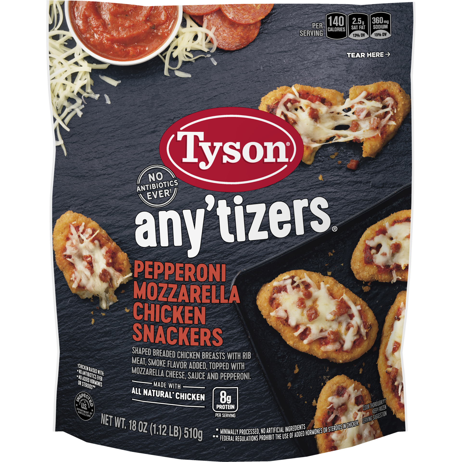 slide 1 of 9, TYSON ANYTIZERS Tyson Any'tizers Pepperoni Mozzarella Chicken Snackers, 18 oz., 510.29 g