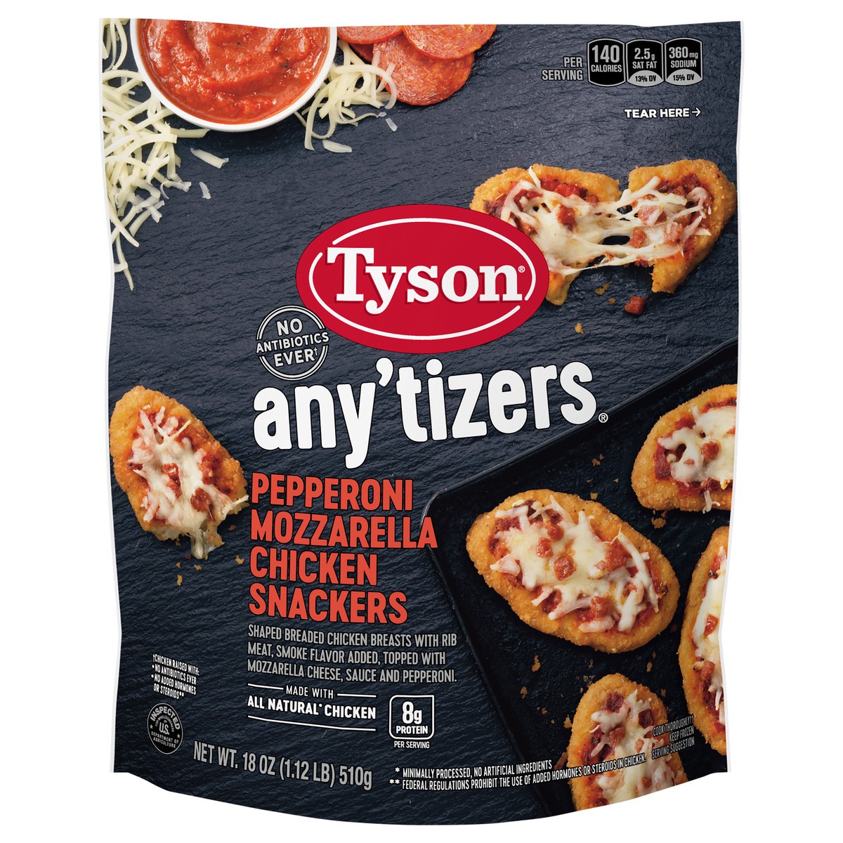 slide 9 of 9, TYSON ANYTIZERS Tyson Any'tizers Pepperoni Mozzarella Chicken Snackers, 18 oz., 510.29 g